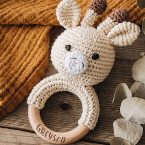 Custom Wooden Baby Rattle | New Baby Gift| Personalized Crochet Rattle Toy| Present for Christmas | Teething Ring for Newborn | Grasping Toy