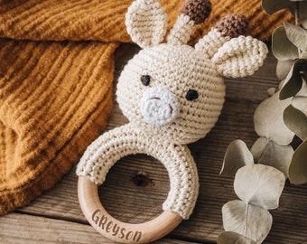 Custom Wooden Baby Rattle | New Baby Gift| Personalized Crochet Rattle Toy| Present for Christmas | Teething Ring for Newborn | Grasping Toy