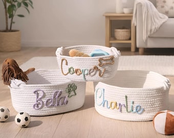 Custom Pet Toy Organizer, Modern Dog Basket for Living Room, Personalized Cat Toy Box, Minimalist Cotton Rope Basket, Pet Room Decor