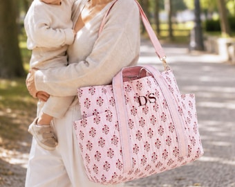 Baby Shower Gift for New Mom, Floral Block Print Diaper Bag, Embroidered Quilted Cotton Tote, Monogram Mommy Bag [N]