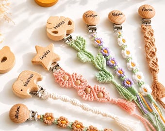 Personalized Name Pacifier Clip, Boho Crochet Pacifier Holder, Newborn Baby Shower Gift