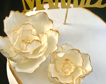 Garden Peony Flowers - White with Gold Tips Cake Toppers - Gum paste Sugar Flowers, Fondant, Wedding cake decoration, Made in USA