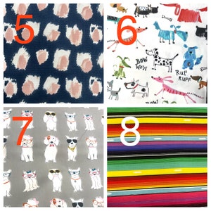 May include: A collage of eight fabric swatches with numbers 5, 6, 7, and 8 printed on them. The swatches feature different patterns, including pink and blue animal print, white with colorful cartoon dogs, gray with white dogs wearing glasses, and a colorful striped pattern.