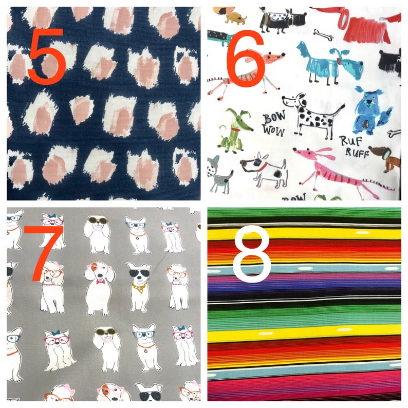 May include: A collage of eight fabric swatches with numbers 5, 6, 7, and 8 printed on them. The swatches feature different patterns, including pink and blue animal print, white with colorful cartoon dogs, gray with white dogs wearing glasses, and a colorful striped pattern.