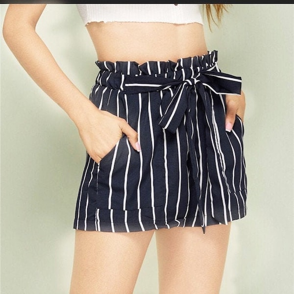 Paper Bag Shorts, Stylish Summer shorts, Black/white, Navy Blue/white, High-Waisted, Wide leg pants Short, Premium Quality, Made in USA