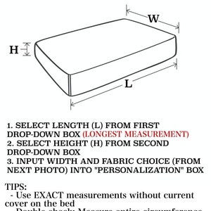 May include: Diagram showing how to measure a bed for a fitted sheet. The diagram shows the length (L), width (W), and height (H) of the bed. The text instructs to select the length from the first drop-down box, the height from the second drop-down box, and to input the width and fabric choice from the next photo into the personalization box. The text also includes tips on how to measure the bed accurately.
