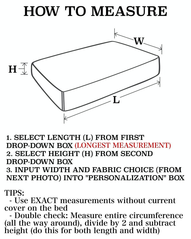 May include: Diagram showing how to measure a bed for a fitted sheet. The diagram shows the length (L), width (W), and height (H) of the bed. The text instructs to select the length from the first drop-down box, the height from the second drop-down box, and to input the width and fabric choice from the next photo into the personalization box. The text also includes tips on how to measure the bed accurately.