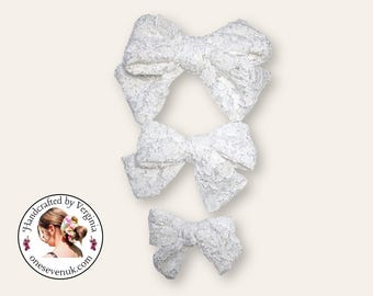 Buttercup White Lace Bow | 2.5", 3.5" & 5" Sizes | Clip or Headband | Romantic Handmade Hair Bow | Elegant Bridal Accessory