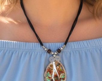 Abalone Shell Pendant Necklace Oval Mosaic Beaded Wood Resin Bali Gift