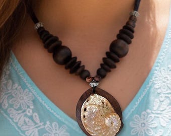 Handmade Wooden Bead Necklace with Abalone Shell Pendant - Natural Brown Wood Jewellery with Iridescent Shell Drop and Tribal Boho Design