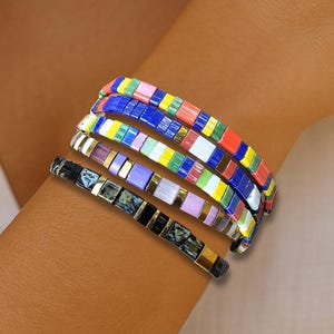 Miyuki Tila Tile Bracelet, Colour Block Glass Beaded, Elastic Stackable Jewellery