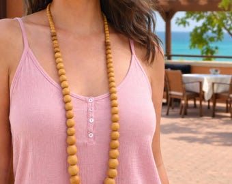Long Wooden Bead Necklace - Two Tone Boho Jewellery, Natural Round Statement Piece