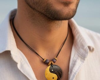 Yin Yang Coconut Wood Cord Necklace - Ethnic Bali Jewellery