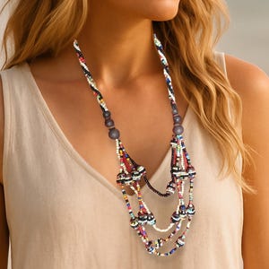 Collier tribal de perles multicolores - Collier tendance bohème fait main, superposition de bijoux de festival, collier ethnique d&#39;inspiration africaine pour femme