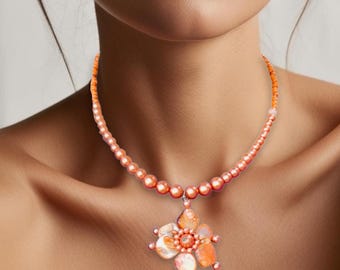 Hand Beaded Flower Shell Necklace, Boho Beach Jewellery