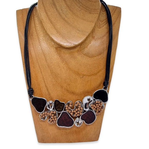 Epoxy Enamel Necklace | Faux Leather Cord | Irregular Shaped Necklace | Brown Silver Colour | Leopard And Balls Pattern | Multi Strand