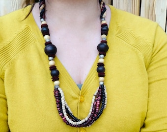 Chunky Wooden Beaded Necklace, Bohemian Tribal Style