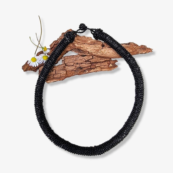 Zulu Beaded South African Necklace, Unisex design, Handmade Artisan, Ethnic Bohemian Jewelry, Beach Jewellery, Black Colour