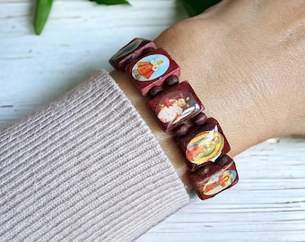 Rosewood Religious Bracelet - Holy Saints, Virgin Mary, and Jesus Icons, Christian Catholic Faith Elastic Bangle, Wooden Rosary Beaded Gift