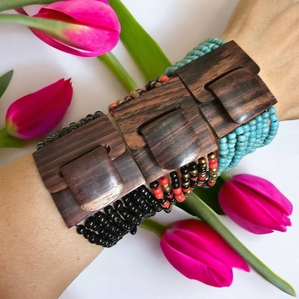 Multi Strand Beaded Bracelet With Wooden Clasp, Buckle Design, Elasticated Adjustable Bracelet, Bohemian Beaded Jewellery, Eco Friendly