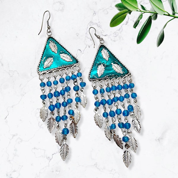 Long Tin Earrings | Cascade Beaded | Triangle Shaped | Leaf Design Dangles | Aqua Green Blue Colour | Rustic Boho Jewellery | Geometric