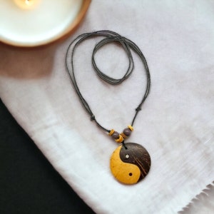 Boho Ethnic Yin Yang Wood Necklace with Adjustable Black Cord - Coconut Round Pendant Beach Jewelry