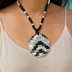 Ceramic Beaded Mosaic Pendant Necklace – Black Bead Boho Statement Jewellery – Handmade Round Shell Pendant – Tribal Festival Necklace