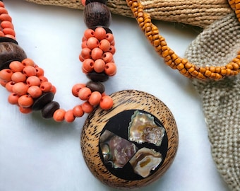 Long Wooden Necklace, Orange Brown Colour, Wood Beaded Necklace, Coconut Shell and Abalone Shell Pendant. Bohemian Ethnic Necklace