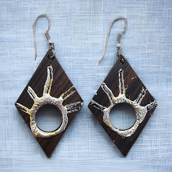 Silver Painted Wood Earrings | Tribal Earrings | Bohemian Jewellery | Summer Jewellery |  Ethnic Earrings | Fair Trade Earrings | Light Wood