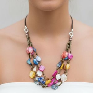 Painted Shell Multi-Strand Necklace • Balinese Handmade Ceramic Bead Jewellery • Adjustable Fair Trade Gift