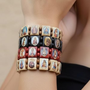Rosewood Religious Bracelet - Holy Saints, Virgin Mary, and Jesus Icons, Christian Catholic Faith Elastic Bangle, Wooden Rosary Beaded Gift