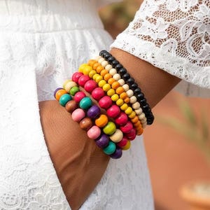 Wooden Bead Stretch Bracelet Set, Round Colourful Stackable Wrap, Surfer Style, Unisex