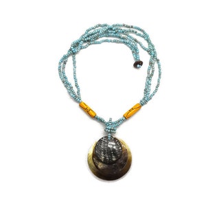 Mother of Pearl Necklace, Round Shell Pendant, Beaded Necklace, Bohemian Jewelry, Beach Jewellery, Ethnic Necklace,Beach Jewelry,Moon Design