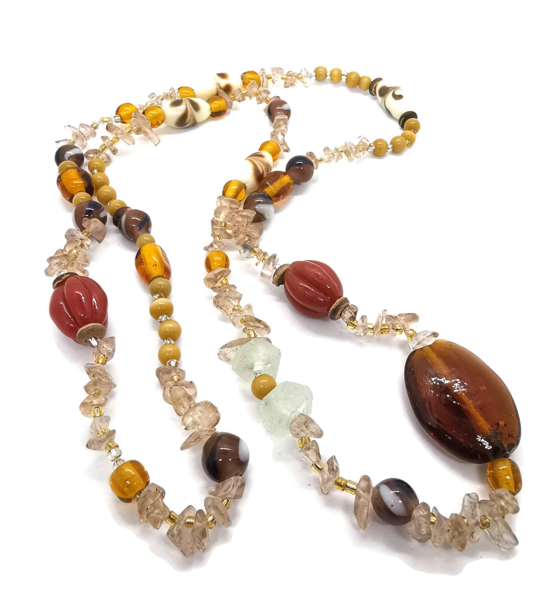 Glass Beaded Necklace Amber Color Necklace Long Glass - Etsy UK