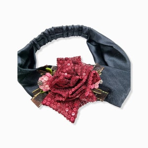 Floral Headband: Black Elasticated Band with Wine & Pink Flowers