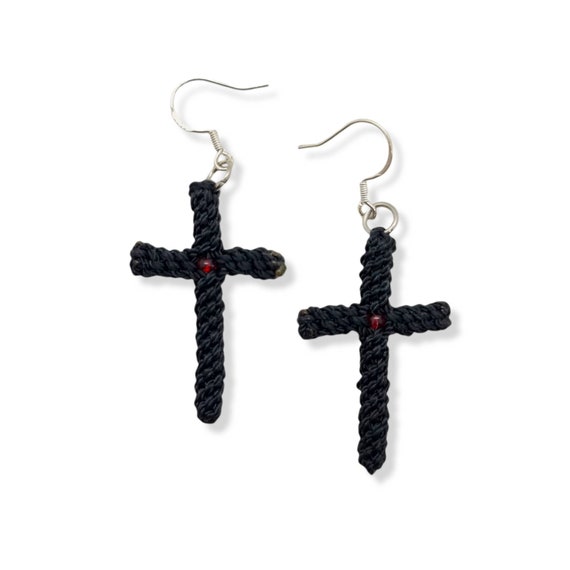 Black Cross Earrings String Cross Dangles Catholic Earrings