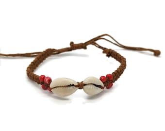 Natural Cowrie Shell Bracelet - on Coloured Brown Cord - Adjustable Macrame Bracelet - Rope Boho Beach Jewellery