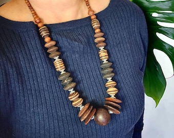 Chunky Bohemian Long Wooden Necklace Dark And Light Brown Colour Round Beaded Ethnic Tribal Style Necklace Eco Friendly Jewellery Artisan