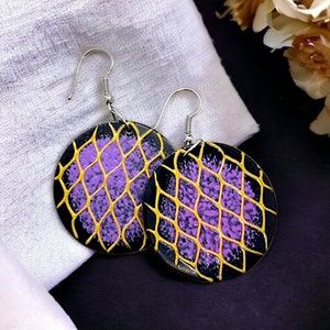 Round Wooden Hoop Earrings, Honeycomb Design, Hand Painted Earrings, Tribal Earrings, Circle Shaped, Bohemian Beach Jewellery,Ethnic Dangles
