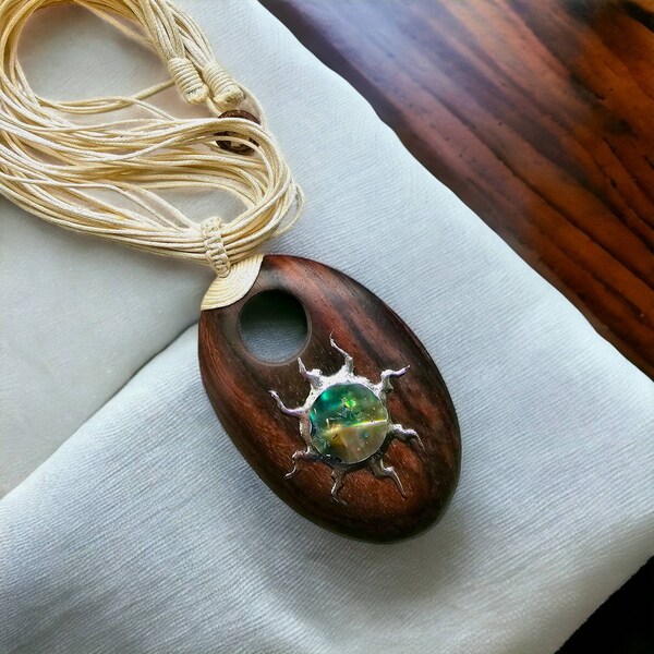 Ovale Sono Holz Halskette / Sonnenmotiv / Abalone Muschel / Creme Kordel Halskette / Boho Tribal Halskette / Handmade