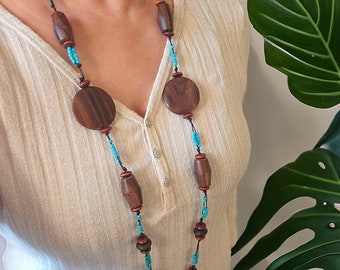 Boho Wooden Beaded Long Necklace – Brown and Turquoise Colour Jewellery