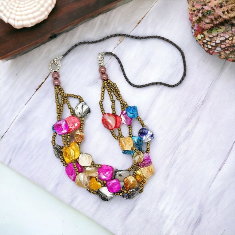 Painted Shell Multi-strand Necklace • Balinese Handmade Ceramic Bead ...
