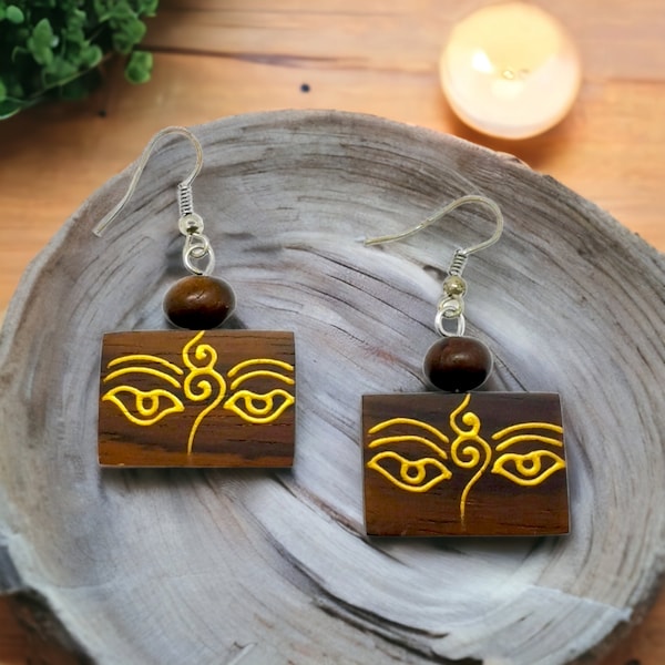 Bohemian Buddha Face Earrings | Wooden Rectangle Dangles | Beach Tribal Jewelry | Boho Chic | Unique Wooden Gift | Peace Jewellery | Boho