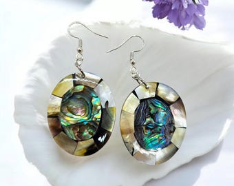 Handmade Paua Abalone Shell Patchwork Earrings, Beach Oval Jewellery