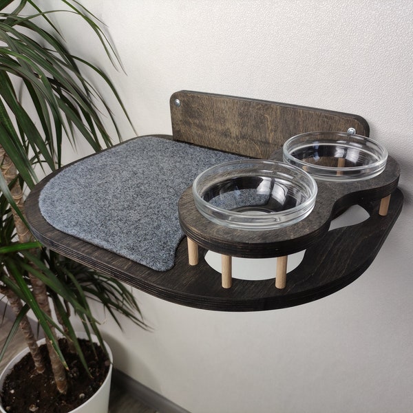 Shelf with 2 bowls for cats, Wall-mounted cat feeder, Floating cat feeder, Cat furniture, Cat lover gift, Cat bowl, Pet bowl, Cat plate