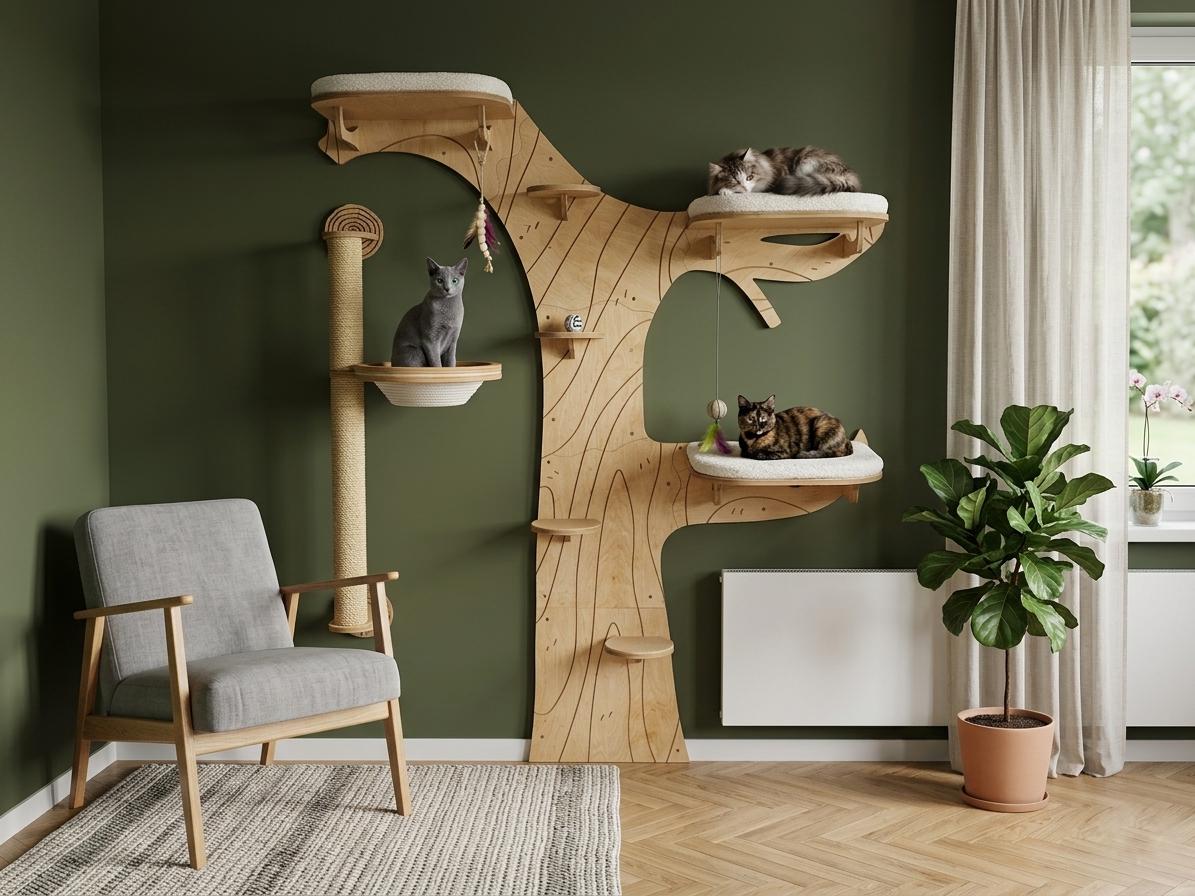 Wooden Cat Tree, Wall Mounted Shelves, Sisal Post With Round Basket