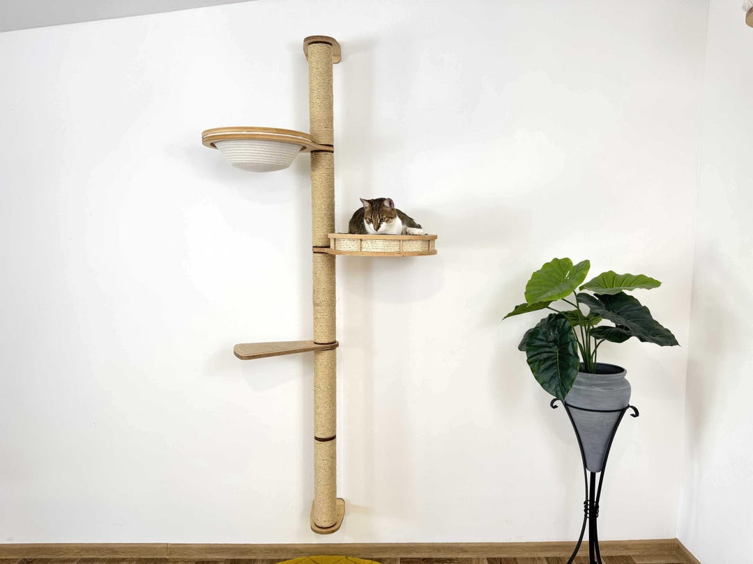 Modern Wall Mounted Cat Tree With Beds | Natural Wood Cat Scratcher ...