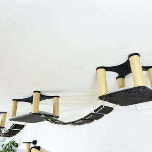 Étagères pour chats de plafond modernes avec coussins | Système de pont suspendu pour chat | Ensemble de perchoirs pour chat en bois naturel | Aire de jeux suspendue pour chats