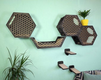 Cat wall furniture / Large set of hexagonal shelves / Design 2022 by RshPets team