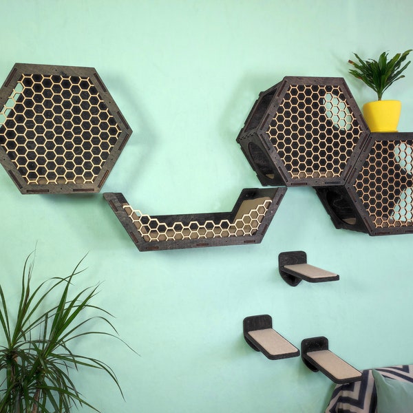 Cat wall furniture / Large set of hexagonal shelves / Design 2022 by RshPets team